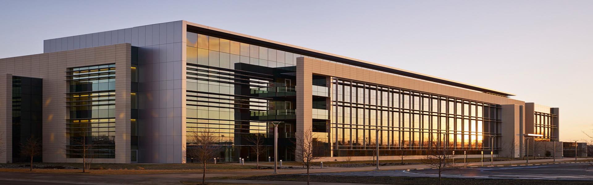 UT Dallas building at sunset
